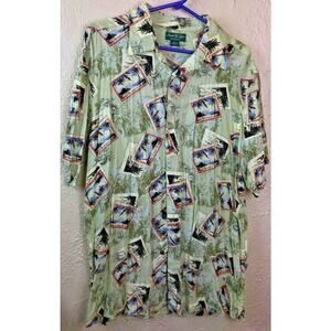 David Taylor Collection Mens Large Button Camp Palm Tree Stamp Postcard Shirt